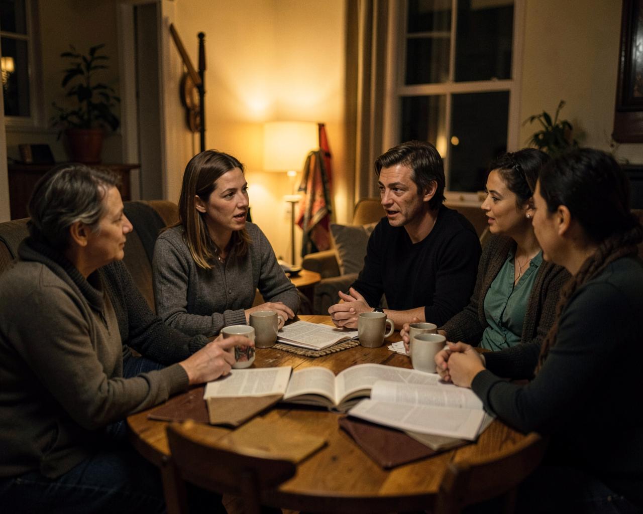 A small group of adults around a table with open Bibles and mugs of tea, talking in a warmly lit living room