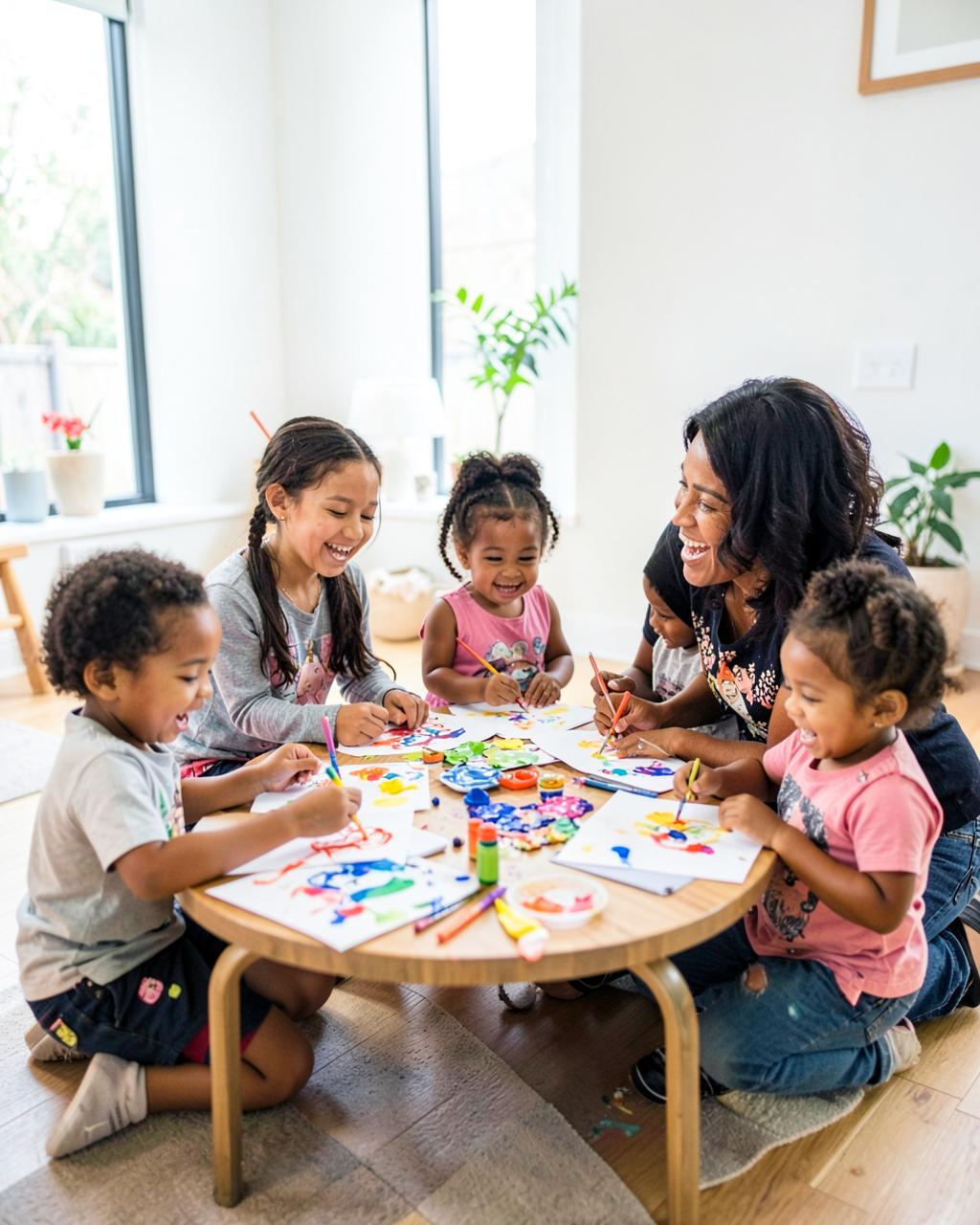 Children painting at a low table with a smiling leader