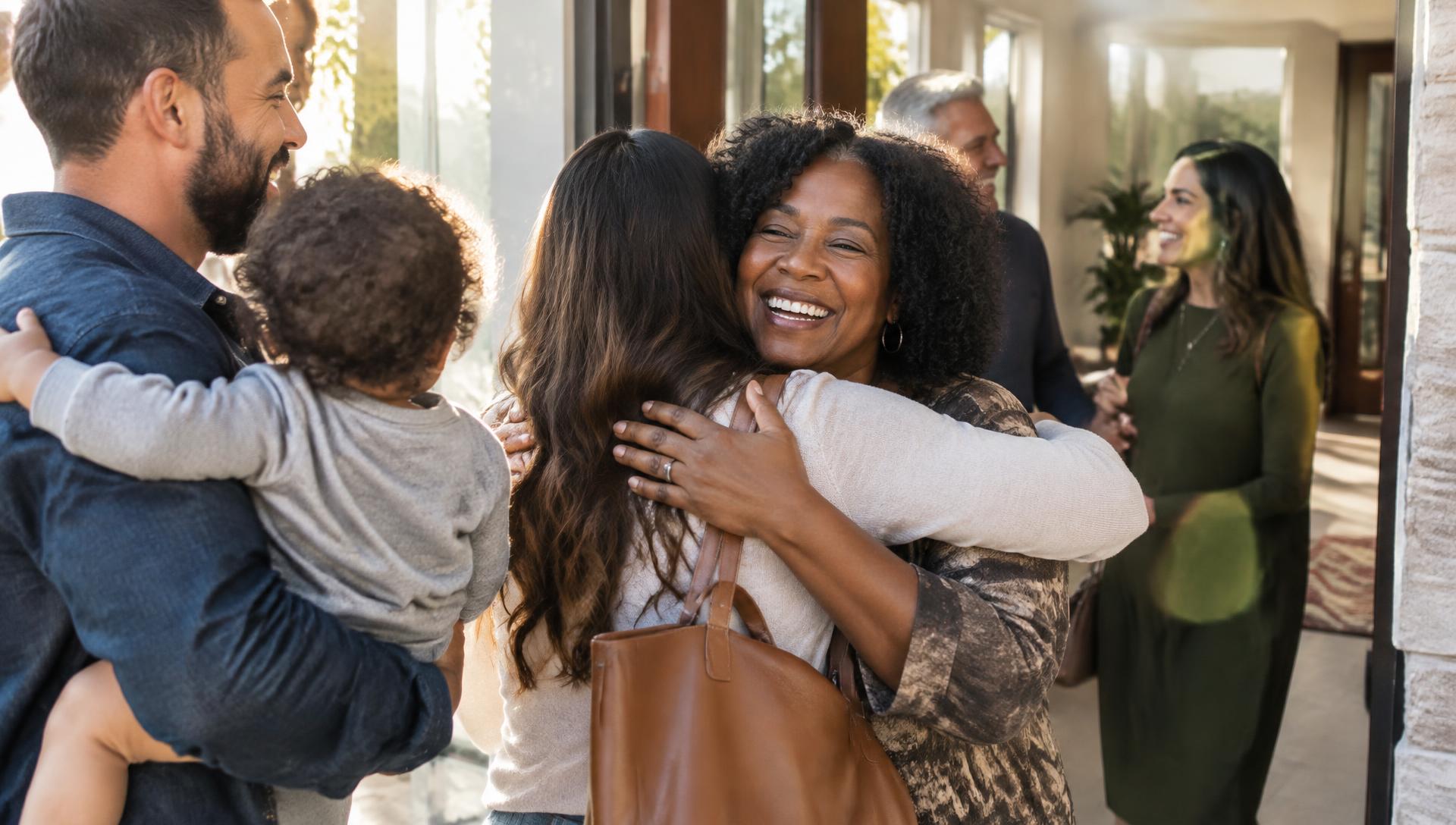 A smiling woman warmly hugging a visitor at the church entrance while a family looks on