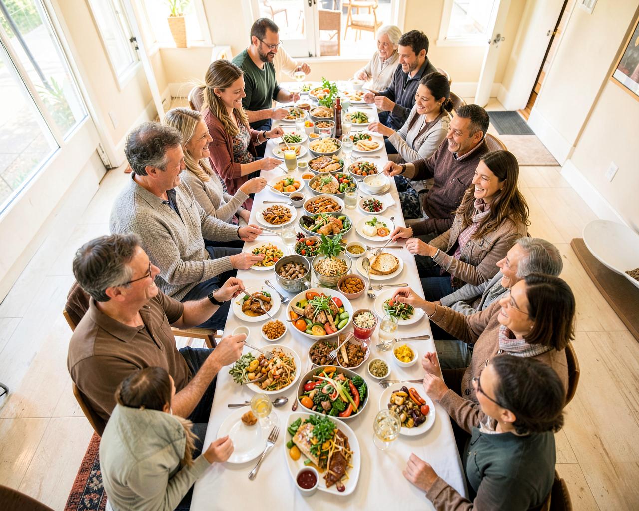 People of all ages sharing a meal around a long table