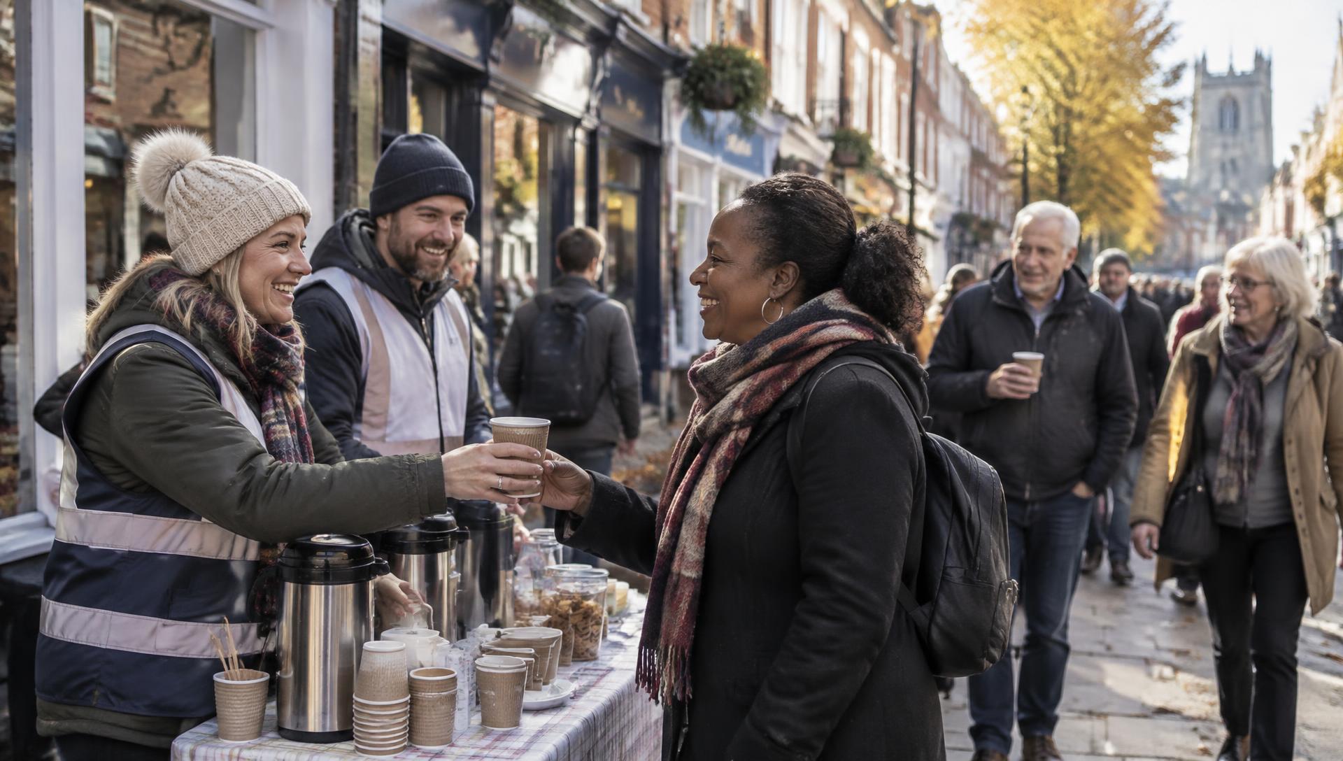 Volunteers in hi-vis vests handing hot drinks to passers-by on a busy high street in autumn