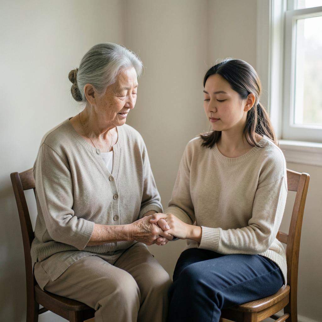 Two women sitting together in a quiet moment of prayer