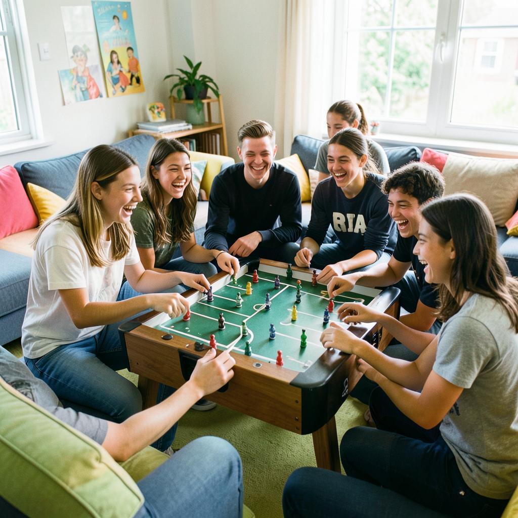 Teenagers laughing around a table football game